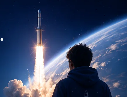 A student looking up at a rocket launching toward Earth's horizon